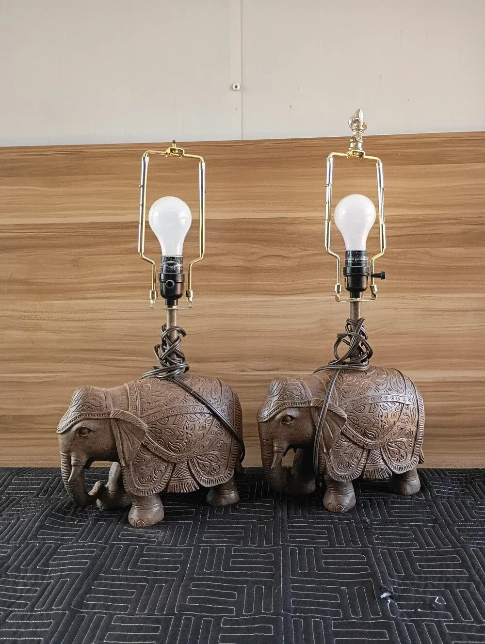 Hand-Carved Brown Elephant Table Lamps - Decorative Pair